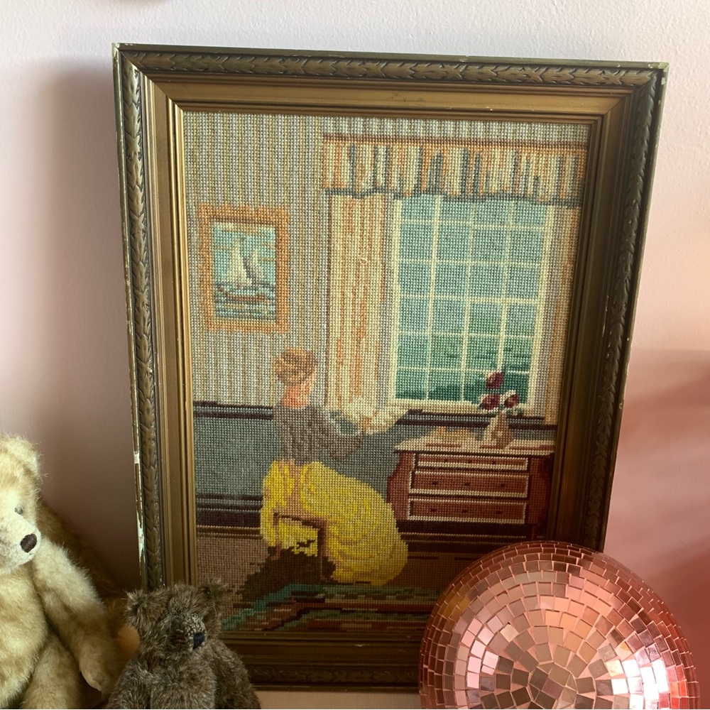 Vintage Framed Needlepoint Art with Yellow and Blue Accents